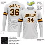 Custom Team Long Sleeve Performance T-Shirt with Personalized Name & Number - White Brown-Gold Personalized White Brown-Gold