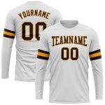 Custom Team Long Sleeve Performance T-Shirt with Personalized Name & Number - White Brown-Gold Personalized White Brown-Gold