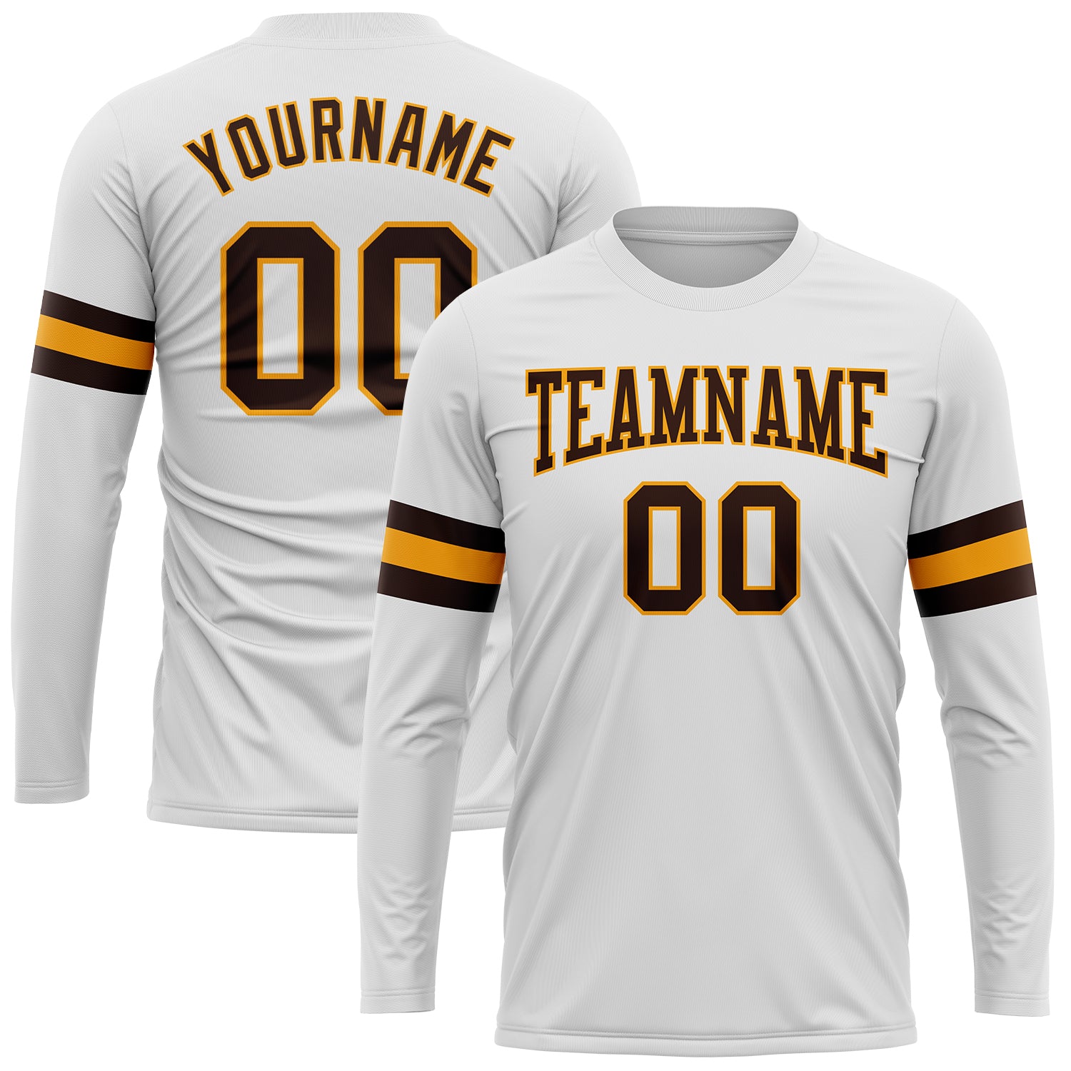 Custom Team Long Sleeve Performance T-Shirt with Personalized Name & Number - White Brown-Gold Personalized White Brown-Gold