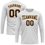 Custom Team Long Sleeve Performance T-Shirt with Personalized Name & Number - White Brown-Gold Personalized White Brown-Gold