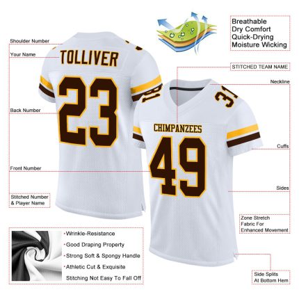 Custom Name and Number Personalized White Brown-Gold Football Jersey - Authentic Mesh Team Apparel Personalized White Brown-Gold