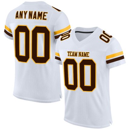 Custom Name and Number Personalized White Brown-Gold Football Jersey - Authentic Mesh Team Apparel Personalized White Brown-Gold
