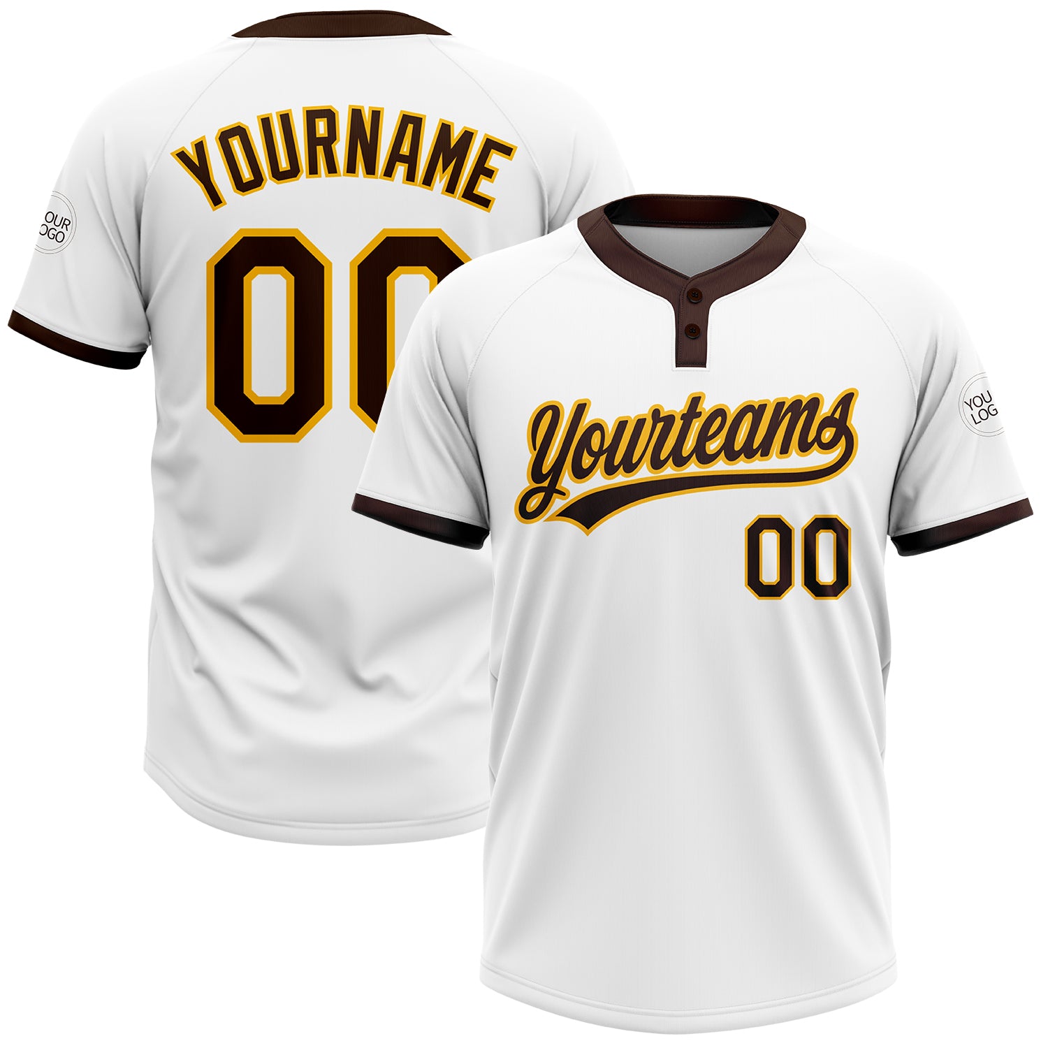 Custom Name and Number Unisex Softball Jersey - Personalized White Brown-Gold Two-Button Design Personalized White Brown-Gold