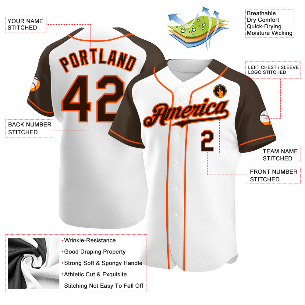 Personalized White Brown-Orange Authentic Raglan Sleeves Baseball Jersey Team Custom Name and Number Custom Name and Number Baseball Jersey - Personalized White Brown Orange Authentic Raglan Sleeves Personalized White Brown-Orange - Image 3