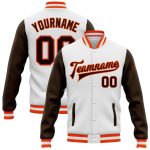 Custom Team Bomber Jacket with Name and Number - Personalized Two Tone White Brown-Orange Varsity Full-Snap Letterman Jacket