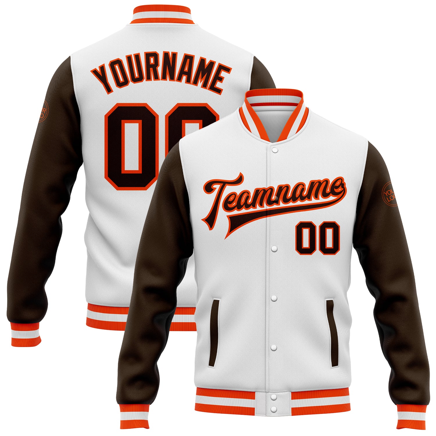 Custom Team Bomber Jacket with Name and Number - Personalized Two Tone White Brown-Orange Varsity Full-Snap Letterman Jacket