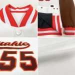 Custom Team Bomber Jacket with Name and Number - Personalized Two Tone White Brown-Orange Varsity Full-Snap Letterman Jacket