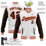 Custom Team Bomber Jacket with Name and Number - Personalized Two Tone White Brown-Orange Varsity Full-Snap Letterman Jacket