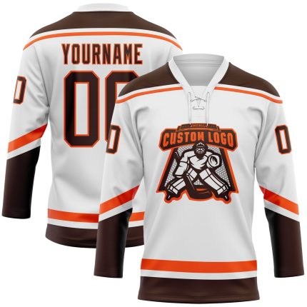 Custom Name and Number Personalized Hockey Jersey in White Brown-Orange Lace Design - Team Apparel Personalized White Brown-Orange