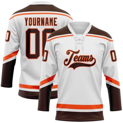 Custom Name and Number Personalized Hockey Jersey in White Brown-Orange Lace Design - Team Apparel Personalized White Brown-Orange