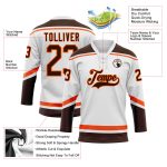 Custom Name and Number Personalized Hockey Jersey in White Brown-Orange Lace Design - Team Apparel Personalized White Brown-Orange