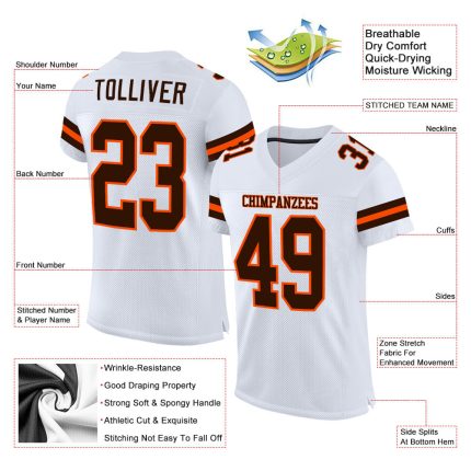 Custom Authentic Football Jersey with Personalized Name and Number - White Brown-Orange Mesh Design Personalized White Brown-Orange