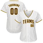Personalized Authentic Baseball Jersey - White Brown Pinstripe with Brown-Gold Design Personalized White Brown Pinstripe