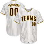 Personalized Authentic Baseball Jersey - White Brown Pinstripe with Brown-Gold Design Personalized White Brown Pinstripe