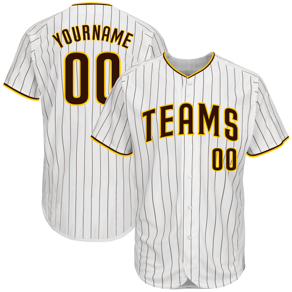 Personalized Authentic Baseball Jersey - White Brown Pinstripe with Brown-Gold Design Personalized White Brown Pinstripe