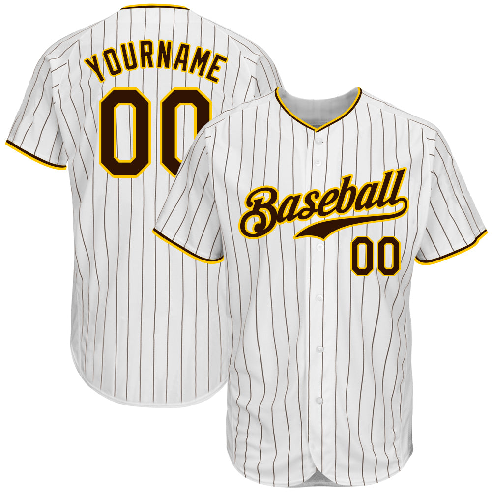 Custom Personalized Brown-Gold Pinstripe Baseball Jersey with Your Name and Number - Authentic Team Gear Personalized White