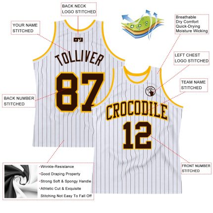 Personalized Brown-Gold Pinstripe Basketball Jersey - Authentic White Brown Design Personalized White Brown Pinstripe Brown-Gold