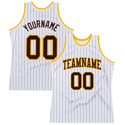 Personalized Brown-Gold Pinstripe Basketball Jersey - Authentic White Brown Design Personalized White Brown Pinstripe Brown-Gold