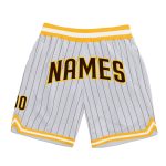 Custom Name Number Personalized Basketball Shorts Brown Gold White Pinstripe Authentic Team Apparel Personalized White Brown