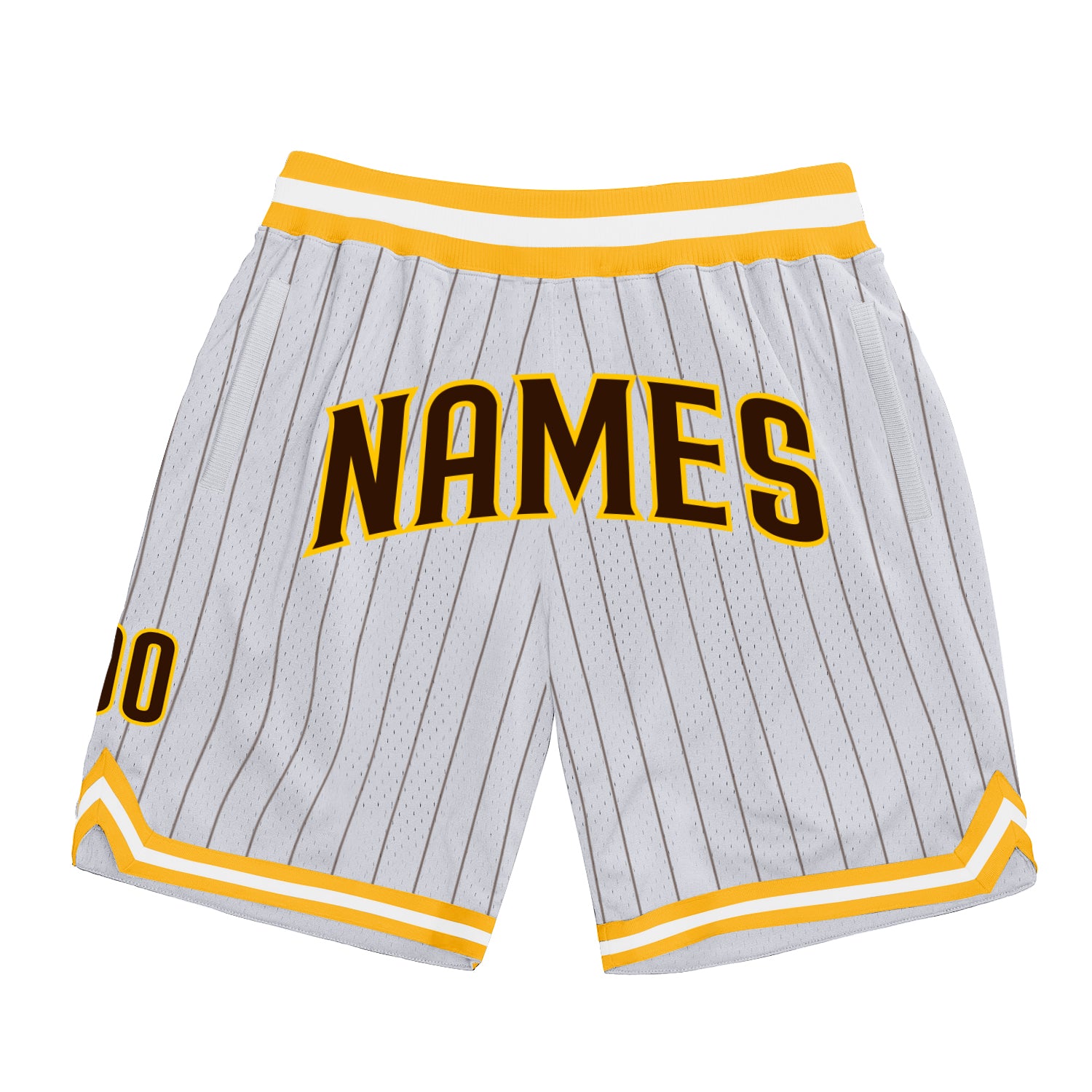Custom Name Number Personalized Basketball Shorts Brown Gold White Pinstripe Authentic Team Apparel Personalized White Brown