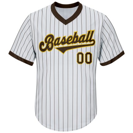 Custom Authentic Throwback Baseball Jersey Shirt - Personalized White Brown Pinstripe with Gold - Custom Name and Number