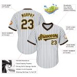 Custom Authentic Throwback Baseball Jersey Shirt - Personalized White Brown Pinstripe with Gold - Custom Name and Number