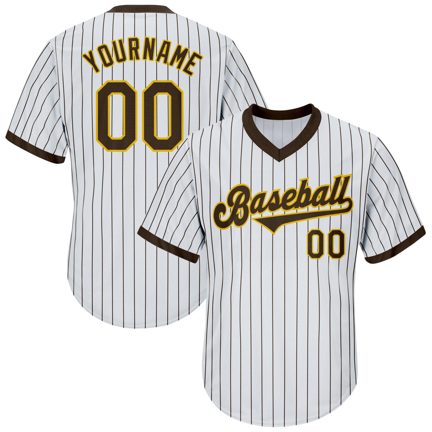 Custom Authentic Throwback Baseball Jersey Shirt - Personalized White Brown Pinstripe with Gold - Custom Name and Number