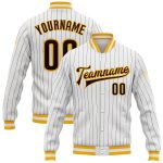 Custom Varsity Letterman Jacket for Team - Personalized Brown-Gold Full-Snap Bomber with Name and Number - White Brown Pinstripe