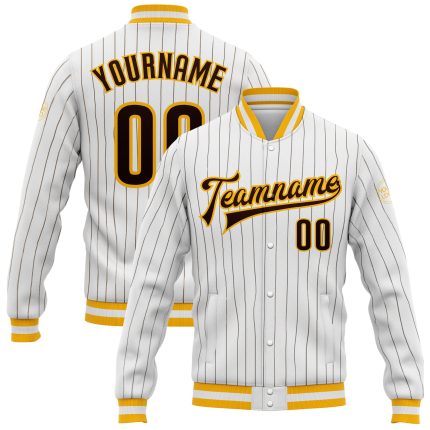 Custom Varsity Letterman Jacket for Team - Personalized Brown-Gold Full-Snap Bomber with Name and Number - White Brown Pinstripe