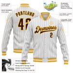 Custom Varsity Letterman Jacket for Team - Personalized Brown-Gold Full-Snap Bomber with Name and Number - White Brown Pinstripe
