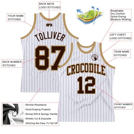Custom Personalized Basketball Jersey - White Brown Pinstripe with Team Name and Number - Authentic Old Gold Design Personalized