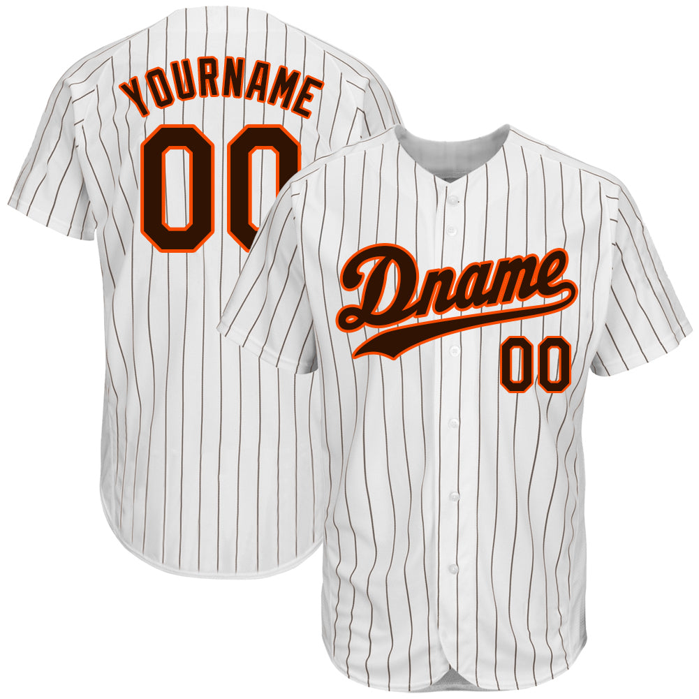 Personalized Brown-Orange Pinstripe Baseball Jersey - Authentic White Brown Design Personalized White Brown Pinstripe Brown-Orange