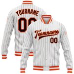Custom Name Number Varsity Letterman Jacket - Personalized Brown Orange Pinstripe Bomber Full-Snap Jacket Personalized White