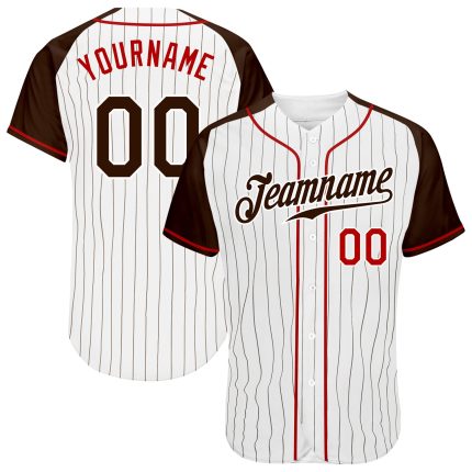 Custom Name Number Baseball Jersey, Personalized White Brown Red Pinstripe Authentic Raglan Sleeves Personalized White Brown