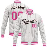 Custom Name Number Pink Bomber Varsity Letterman Jacket Personalized White Brown Pinstripe Design Full-Snap Style Personalized