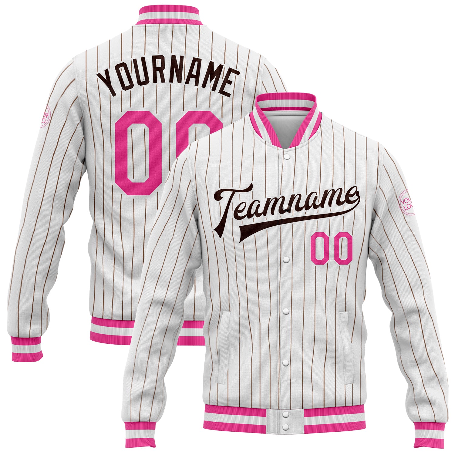 Custom Name Number Pink Bomber Varsity Letterman Jacket Personalized White Brown Pinstripe Design Full-Snap Style Personalized