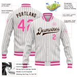 Custom Name Number Pink Bomber Varsity Letterman Jacket Personalized White Brown Pinstripe Design Full-Snap Style Personalized
