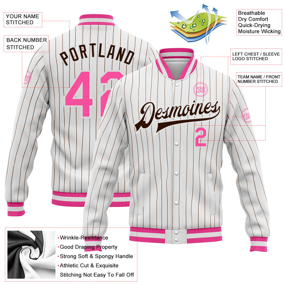 Personalized White Brown Pinstripe Pink Bomber Full-Snap Varsity Letterman Jacket Team Custom Name and Number Custom Name Number Pink Bomber Varsity Letterman Jacket Personalized White Brown Pinstripe Design Full-Snap Style Personalized - Image 3