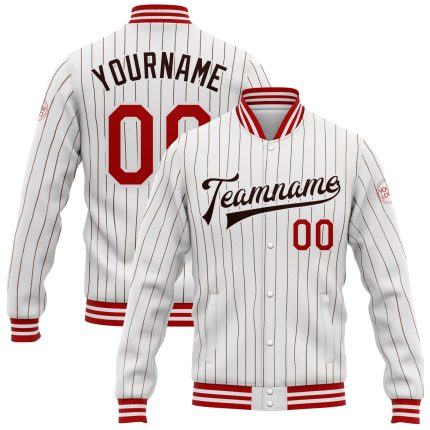 Custom Team Name Number Red Bomber Varsity Letterman Jacket White Brown Pinstripe Full-Snap Personalized Personalized White
