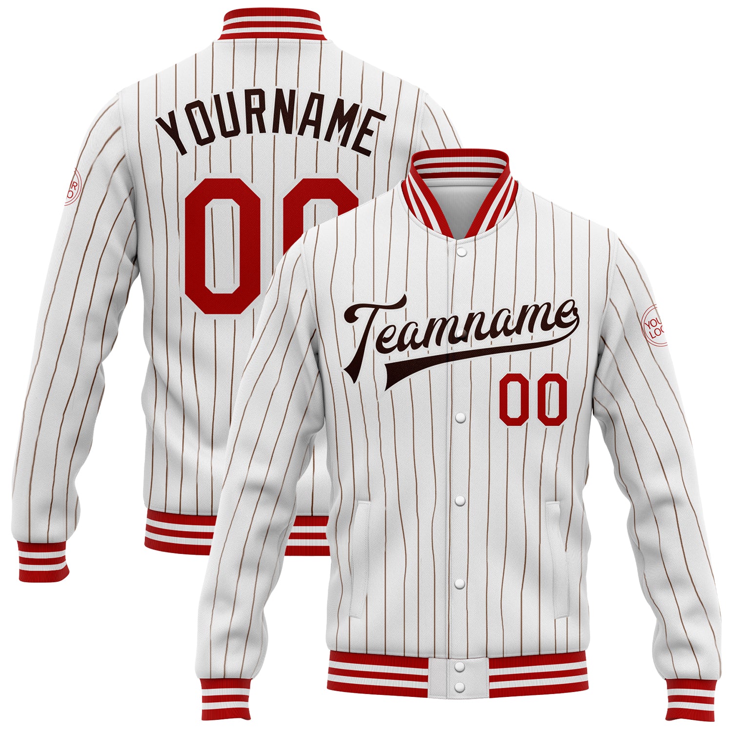 Custom Team Name Number Red Bomber Varsity Letterman Jacket White Brown Pinstripe Full-Snap Personalized Personalized White