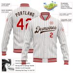 Custom Team Name Number Red Bomber Varsity Letterman Jacket White Brown Pinstripe Full-Snap Personalized Personalized White