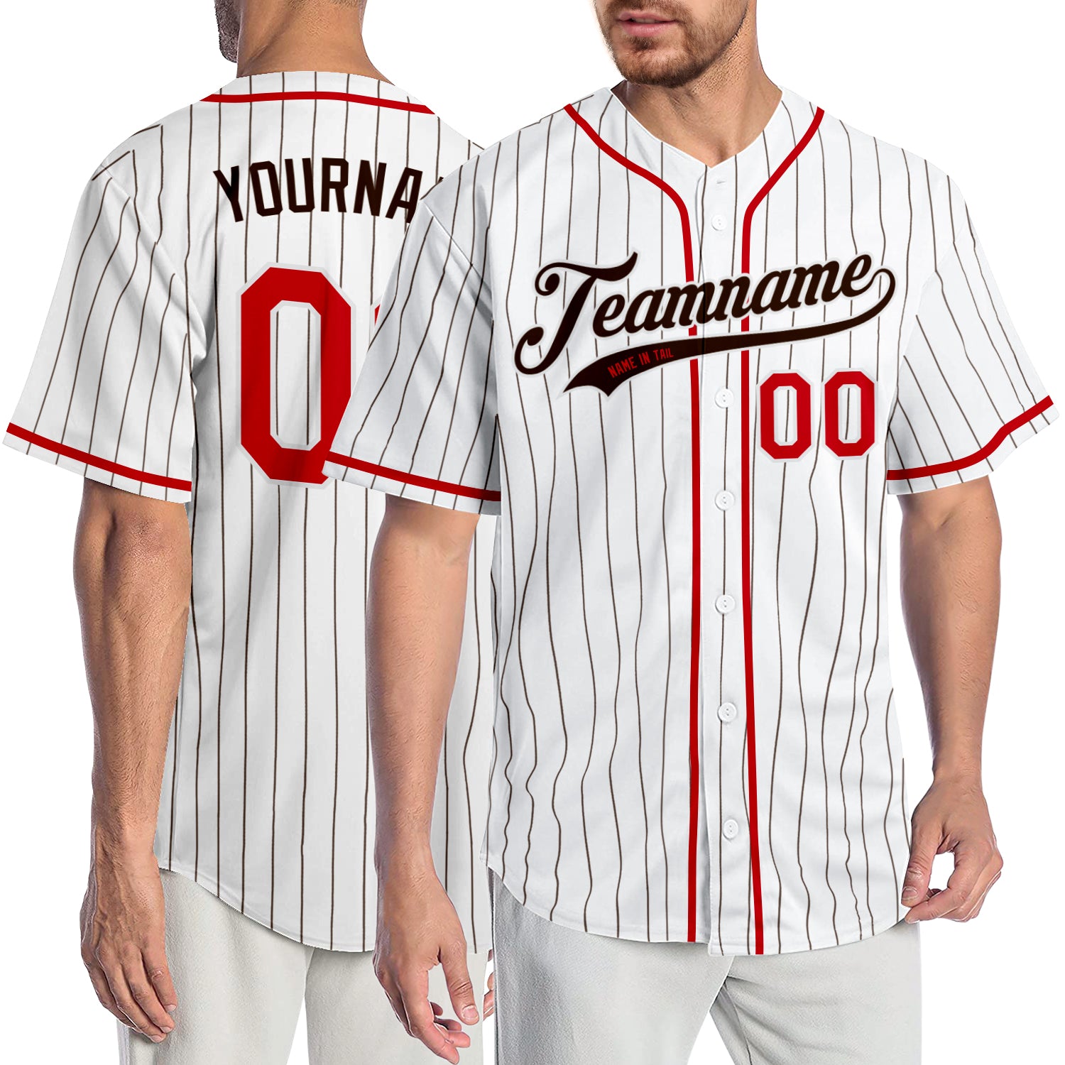Custom Team Baseball Jersey - Personalized White & Brown Pinstripe with Red-Brown Name & Number Personalized White Brown