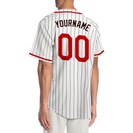 Custom Team Baseball Jersey - Personalized White & Brown Pinstripe with Red-Brown Name & Number Personalized White Brown