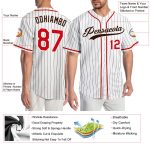 Custom Team Baseball Jersey - Personalized White & Brown Pinstripe with Red-Brown Name & Number Personalized White Brown