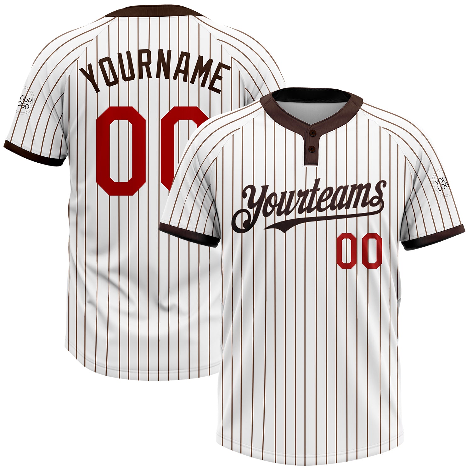 Custom Team Name and Number Unisex Softball Jersey - Personalized Red White Brown Pinstripe Two-Button Design Personalized