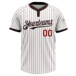 Custom Team Name and Number Unisex Softball Jersey - Personalized Red White Brown Pinstripe Two-Button Design Personalized