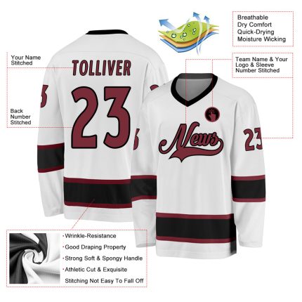 Custom Name and Number Hockey Jersey in White Burgundy-Black, Personalized Team Apparel Personalized White Burgundy-Black