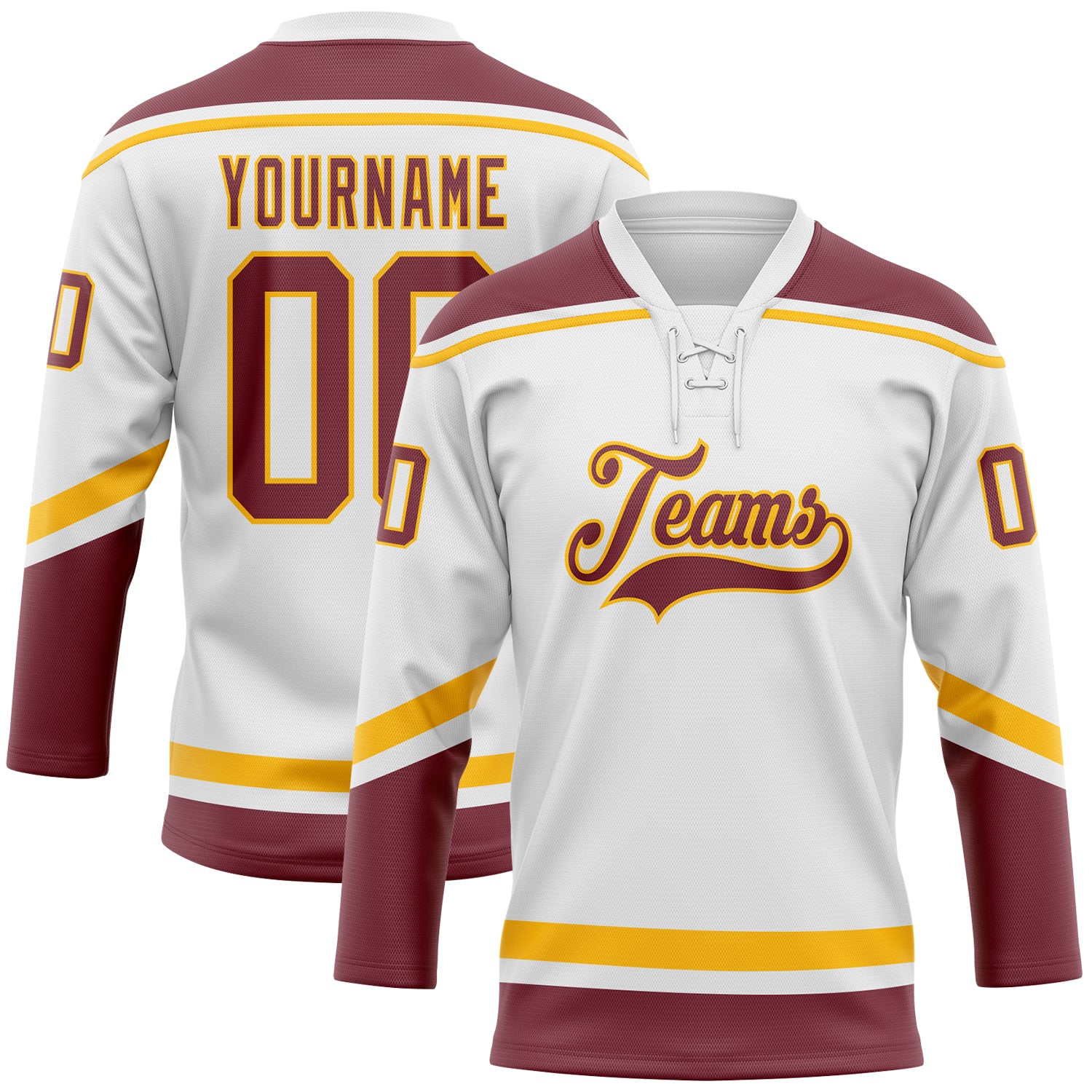Custom Name & Number Personalized Hockey Jersey - White Burgundy Gold Lace Neck Team Jersey Personalized White Burgundy-Gold