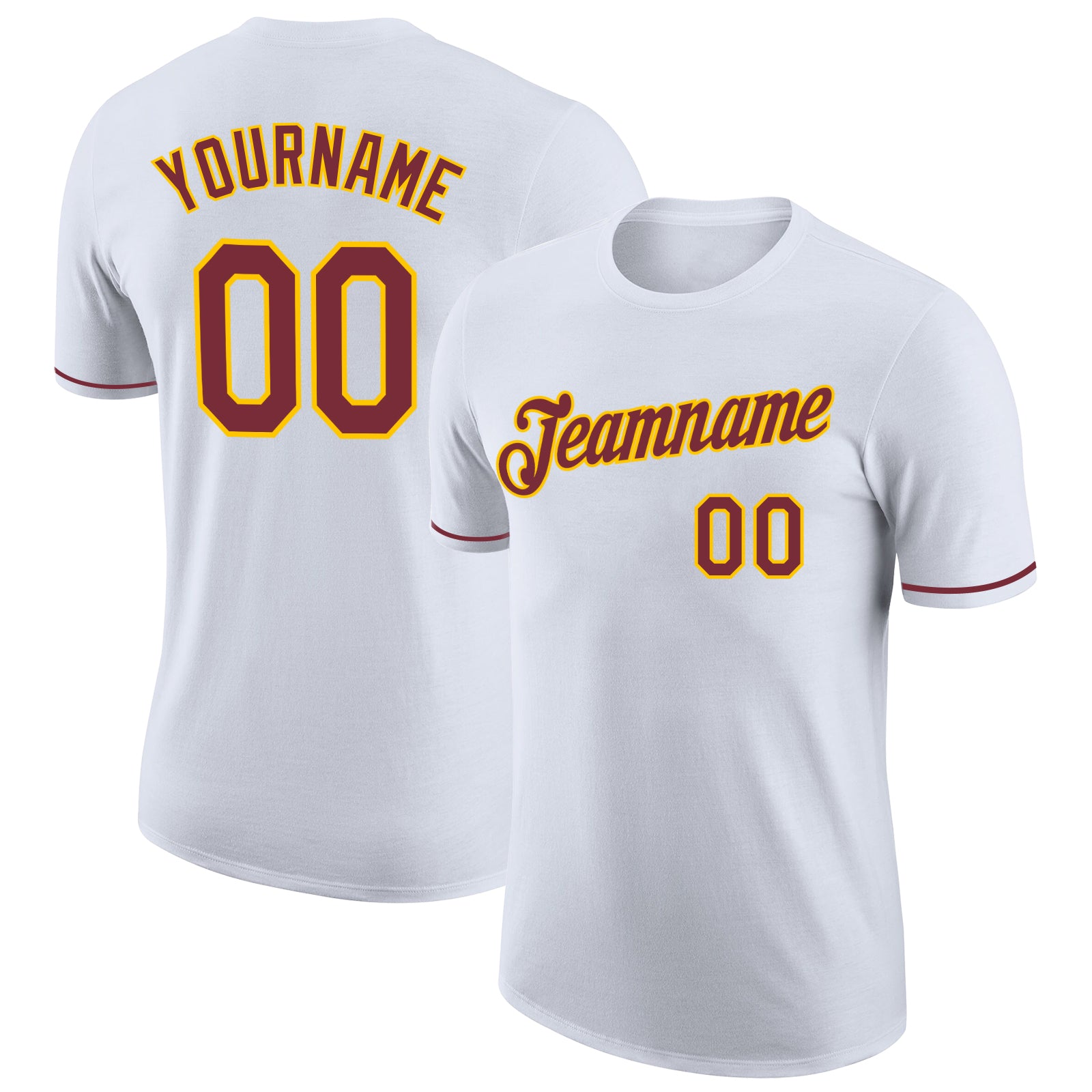 Custom Name and Number Personalized Performance T-Shirt in White Burgundy-Gold Personalized White Burgundy-Gold Performance