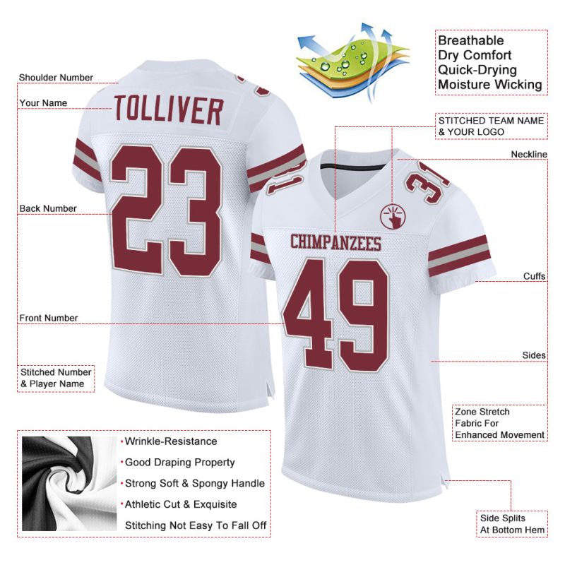 Customizable Burgundy-Gray Mesh Football Jersey with Personalized Name & Number - Authentic Team Jersey Personalized White